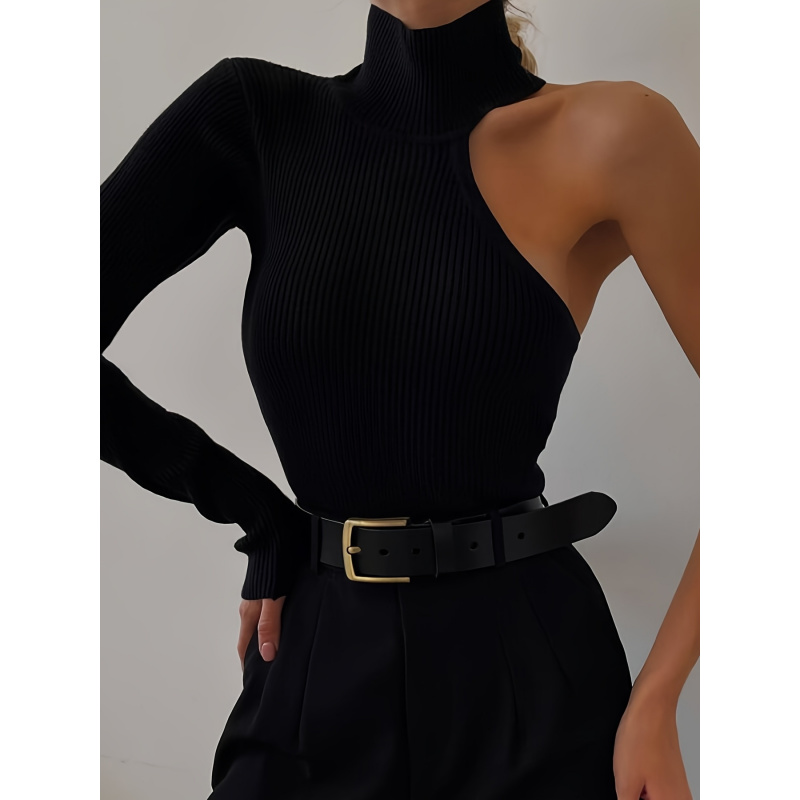 Winter Clothing Women'S - Solid Asymmetric One Shoulder Ribbed Knit
